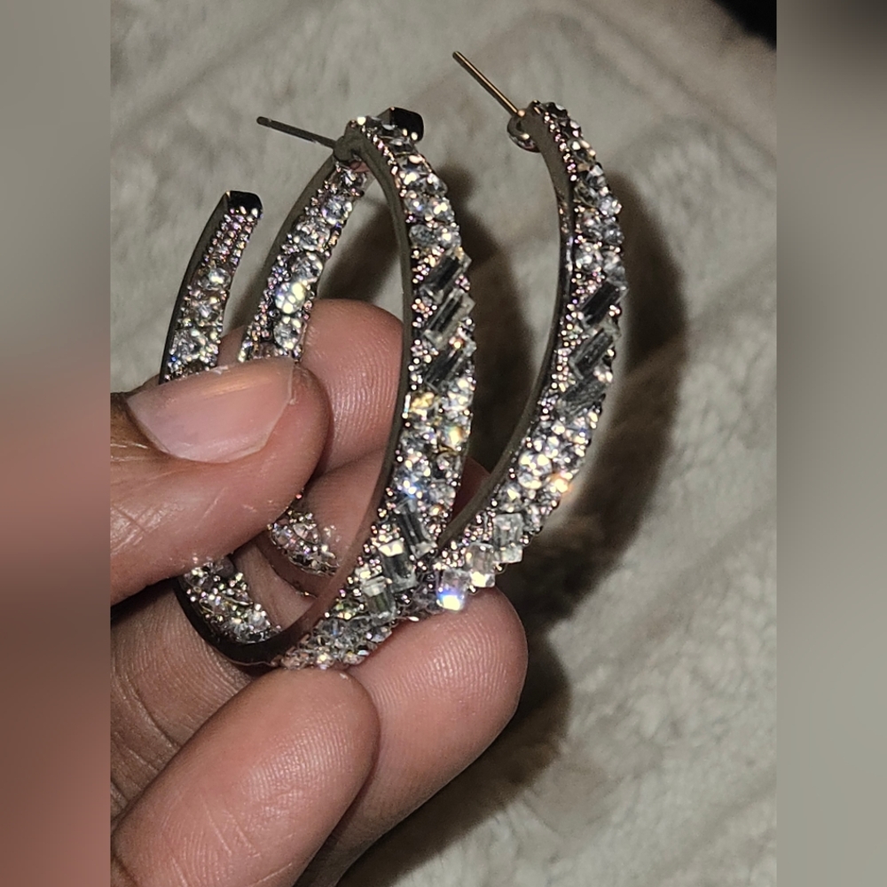 New Stunning silvertone hoop rhinestone inside out hoops! No returns as is